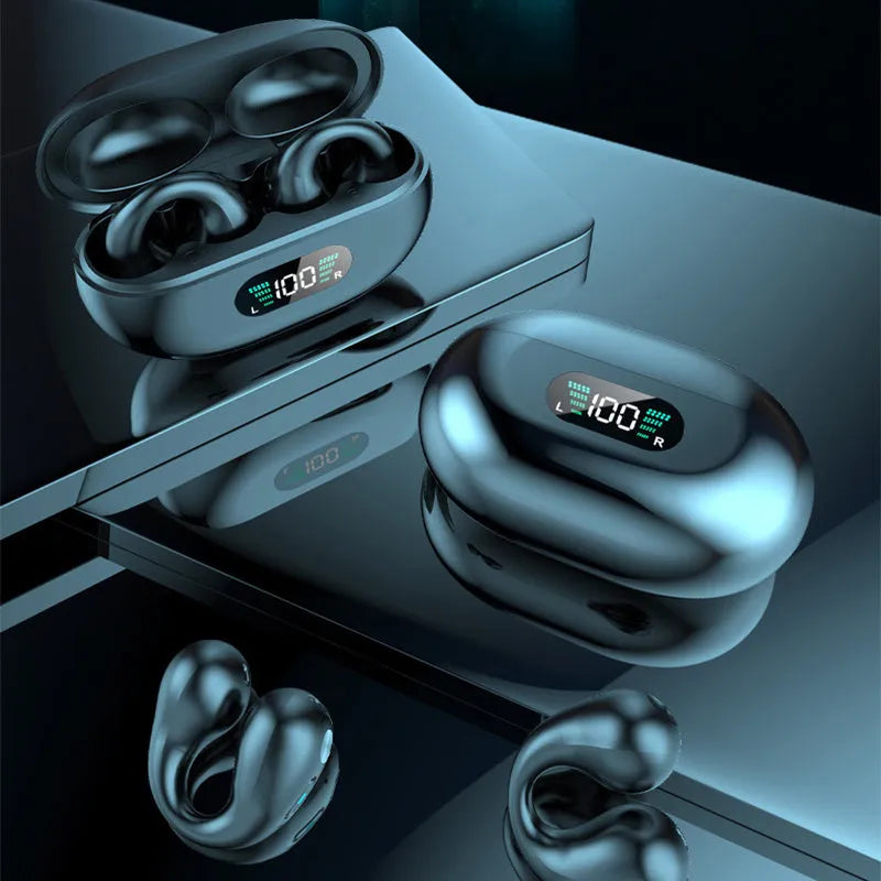 Bone conduction Bluetooth headset with ear clip design in black, white, or khaki colours