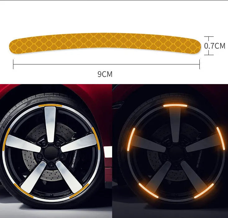 Pack of 20 arc-shaped PVC reflective stickers for car wheel hubs in multiple colour options