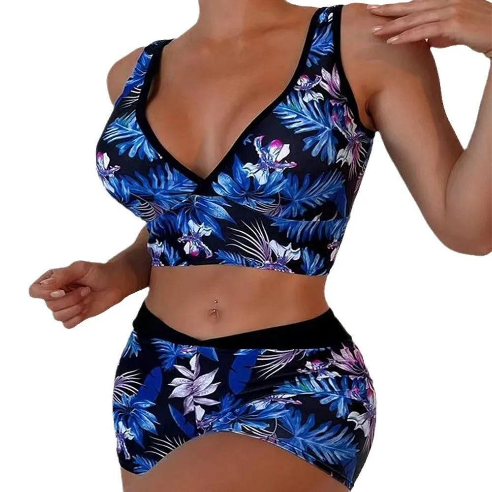 Women's two-piece swimsuit with printed boxer-style bikini bottoms in multi-colour patterns