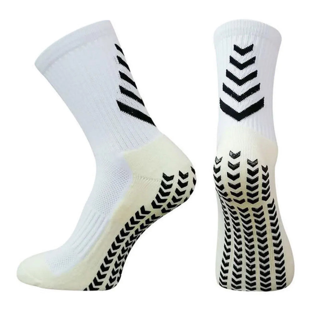 Men's geometric pattern athletic sock in mid-calf length with non-slip silicone grip detail