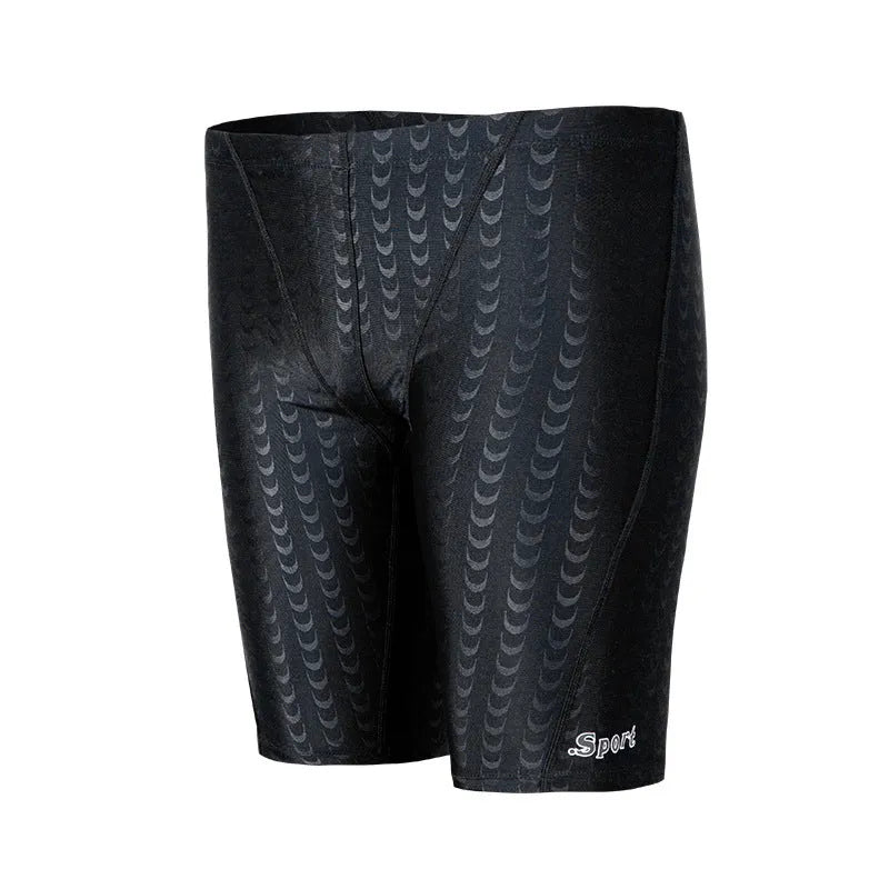 Men's solid colour polyester swimming trunks for beach surfing and swimming, shown in larger sizes.