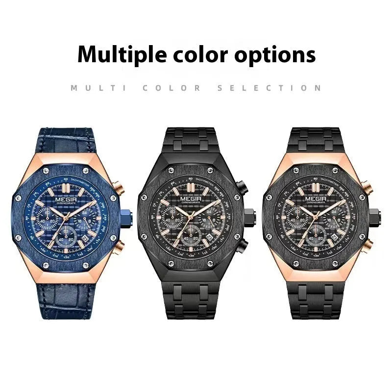 Men's waterproof quartz watch with stainless steel belt in three colour options