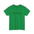 Green women's short-sleeve t-shirt with a printed letter design on cotton fabric.