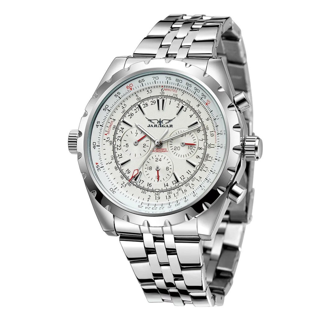 Men's double calendar automatic mechanical watch with 48mm steel round case and alloy strap, sports style pointer display.