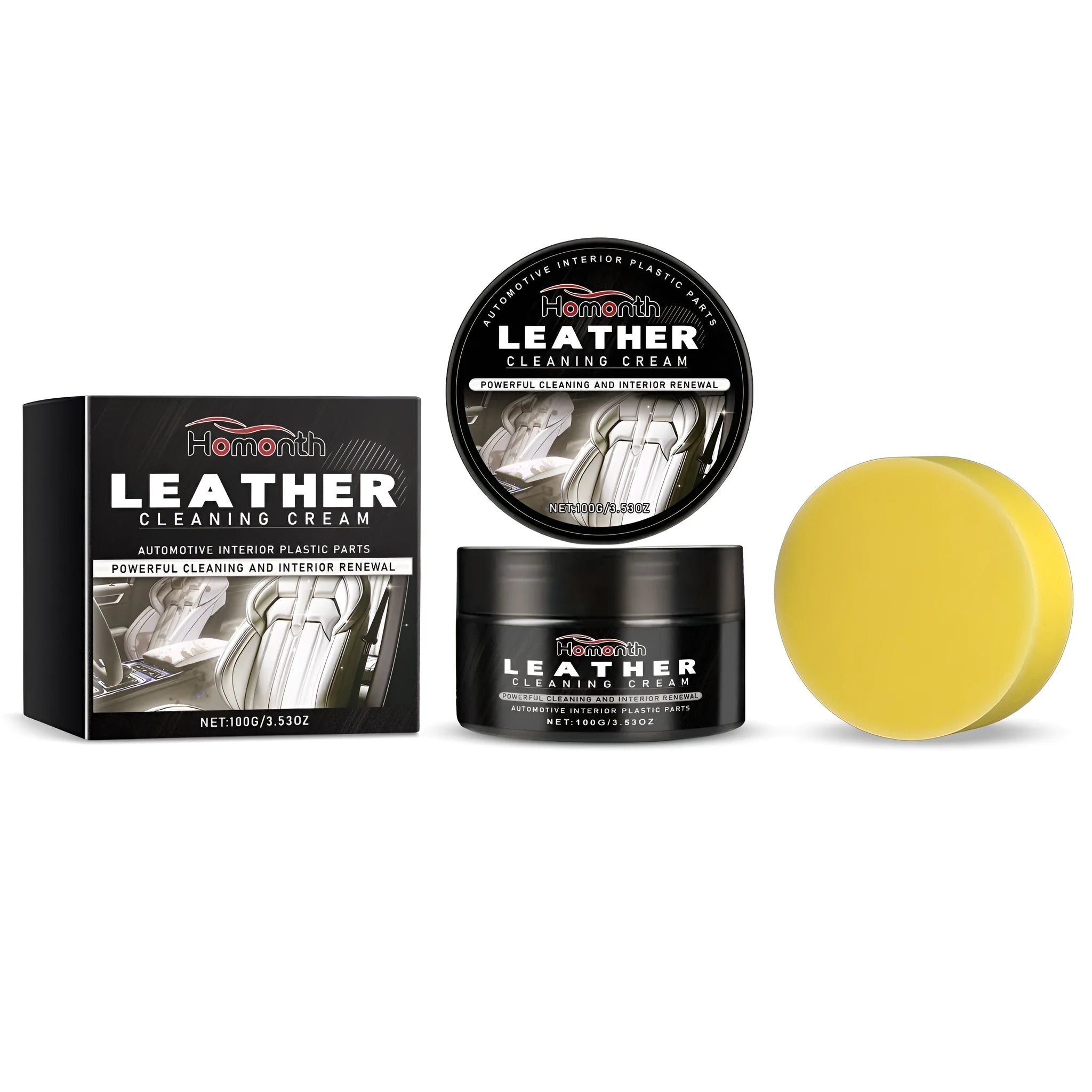 100G bottle of leather cleaning cream with conditioner and a white application sponge on a leather background.