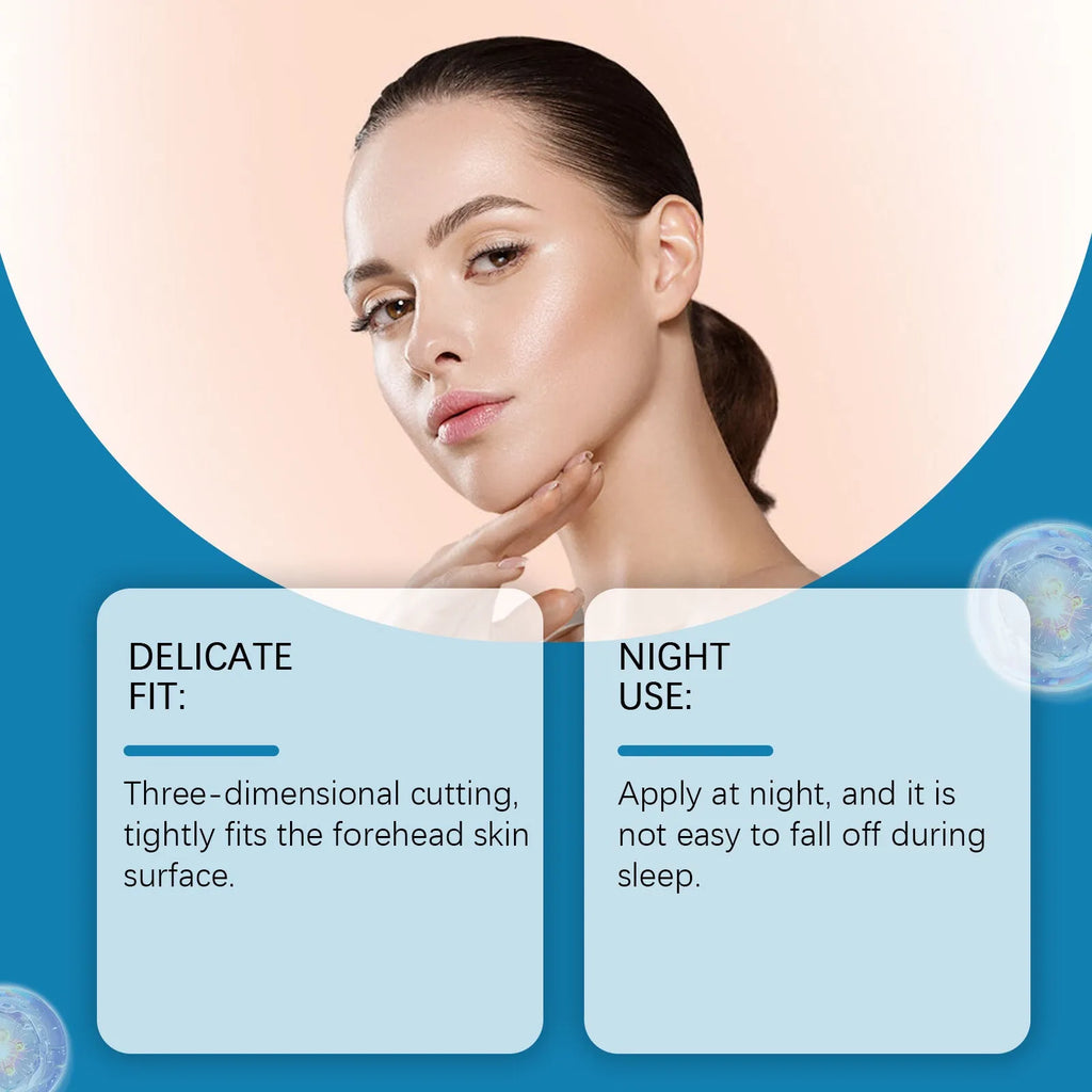 Pack of 5 forehead nourishing and moisturising skincare patches on non-woven fabric.