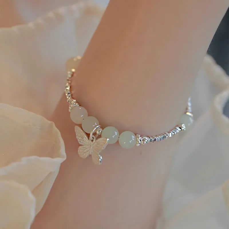 Hetian jade silver butterfly bracelet and necklace set for women