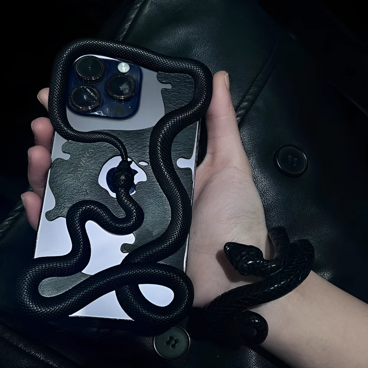 Black tailed snake hollowed out decorative phone case for iPhone 12-16 Pro Max
