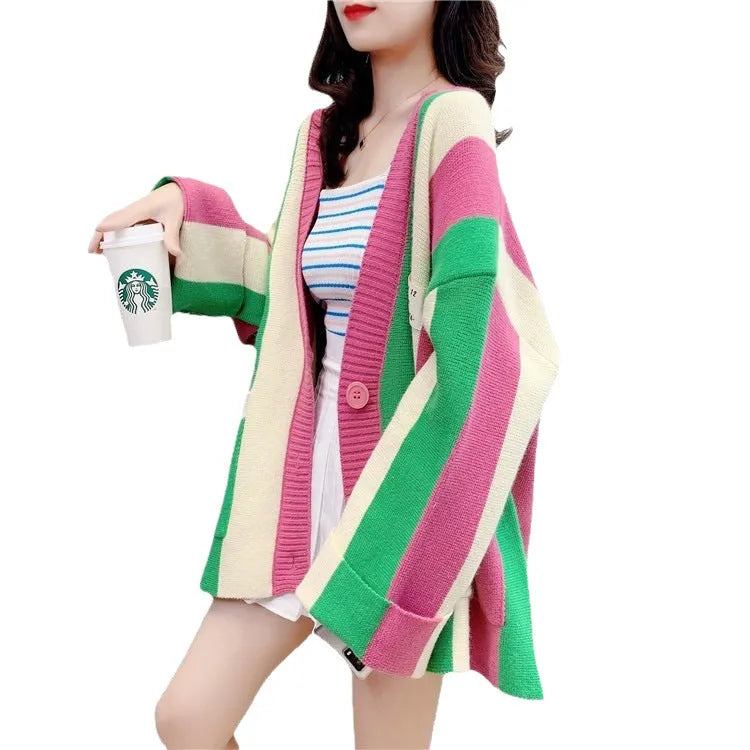 Women's loose fit striped colour stitching knitted cardigan sweater coat in green pink