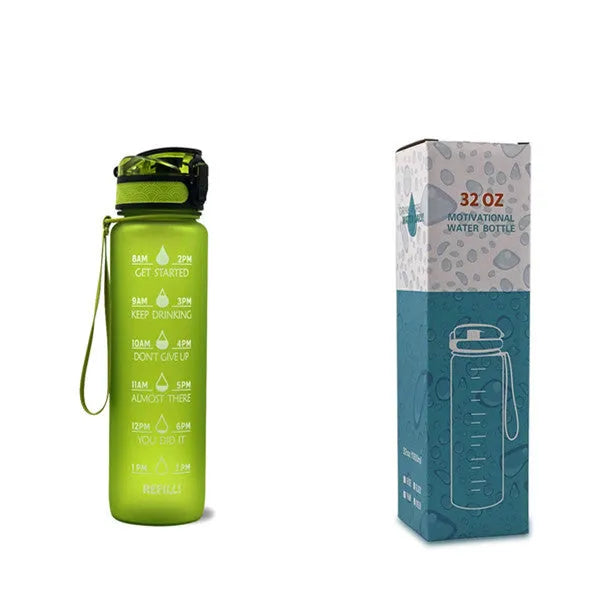 Blue and red gradient 1 litre Tritan sports water bottle with time markers and a black flip-top lid.