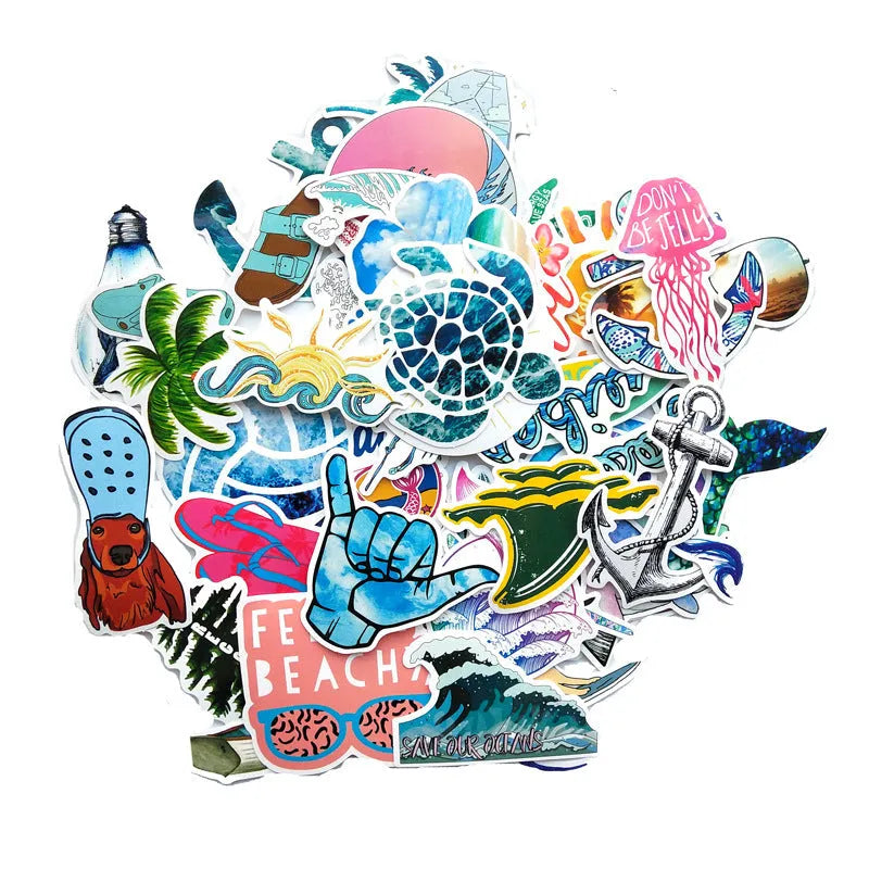 Beach Series PVC graffiti sticker with starfish, surfing, and volleyball cartoon doodle design, about 5-8cm