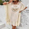 Crochet patchwork tassel dress in slubbed fabric available in apricot, black, blue, and white colours