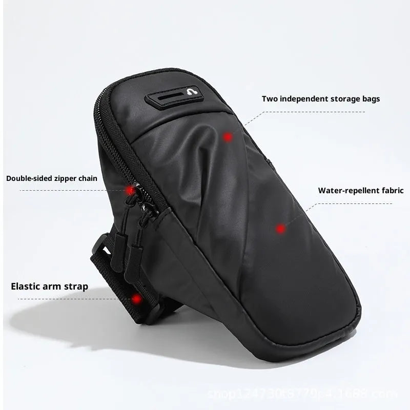 Outdoor cycling men's arm sleeve phone pouch in black colour for 7.2 inch phone on fabric background