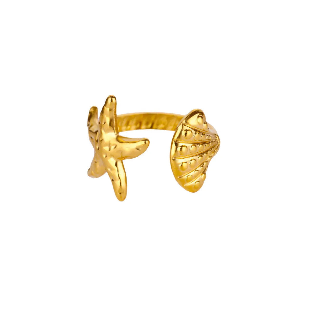 Gold plated stainless steel open ring with starfish and shell design for women's vacation jewellery