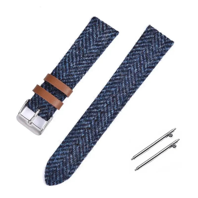 Harris woolen fabric watch strap with leather lining, 304 stainless steel buckle, available in 18mm 20mm 22mm, colours blue brown khaki green