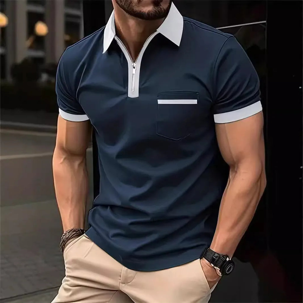 Men's loose fit short sleeve shirt with chest pocket in polyester blend fabric