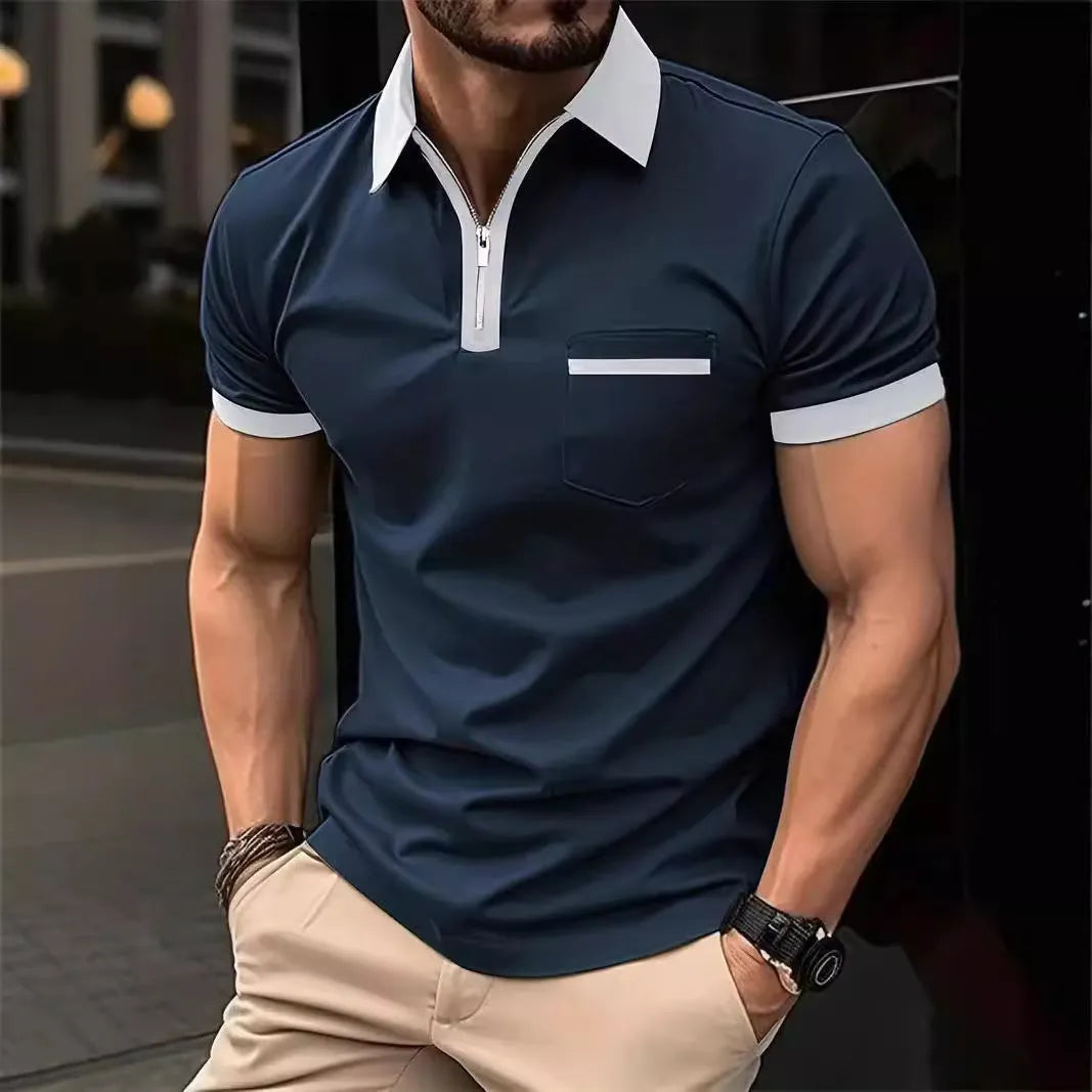 Men's loose fit short sleeve shirt with chest pocket in polyester blend fabric