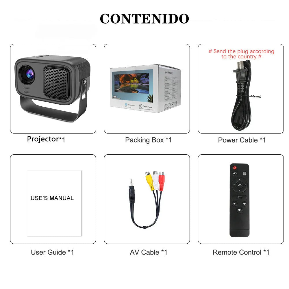 Black portable HD projector with remote control and cables for home office use