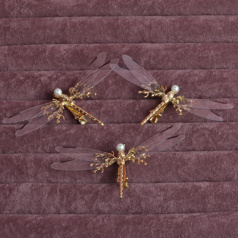 European golden dragonfly side clip headdress with alloy electroplated finish and jucai decoration