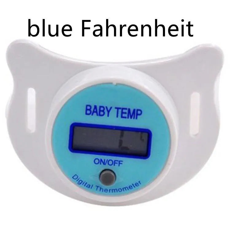 Blue and pink baby pacifier digital thermometer with digital display screen for infant temperature monitoring