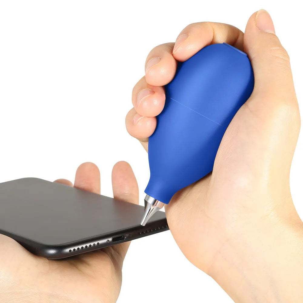 Blue and black rubber dust removal air blower cleaning tool for cameras and phones.