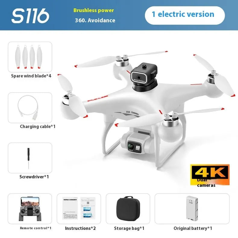 Black brushless UAV toy drone with four-side obstacle avoidance and a camera, remote controller beside it.