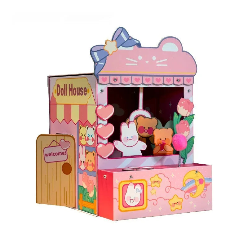 Three-in-one tulip clip cat nest crane machine in pink, Japanese style, 35x34.5x53.5cm, made from gray board and corrugated paper