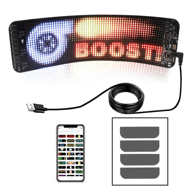 Black flexible LED screen for adhesive mounting on a car rear windscreen, showing a coloured message display.