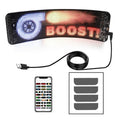 Black flexible LED screen for adhesive mounting on a car rear windscreen, showing a coloured message display.