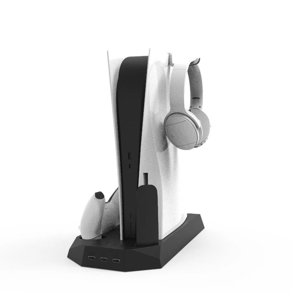 PS5 charging cooling station with controller storage slots and integrated fan in white or black