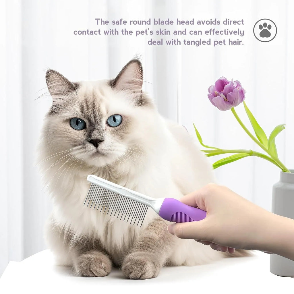 Purple pet detangling comb with stainless steel teeth on a wooden table.