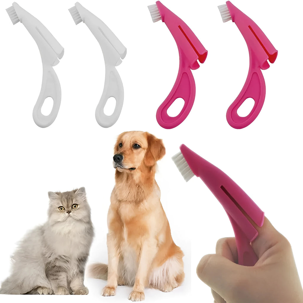 Red and white pet finger toothbrush with silicone bristles shown next to a ruler for scale.