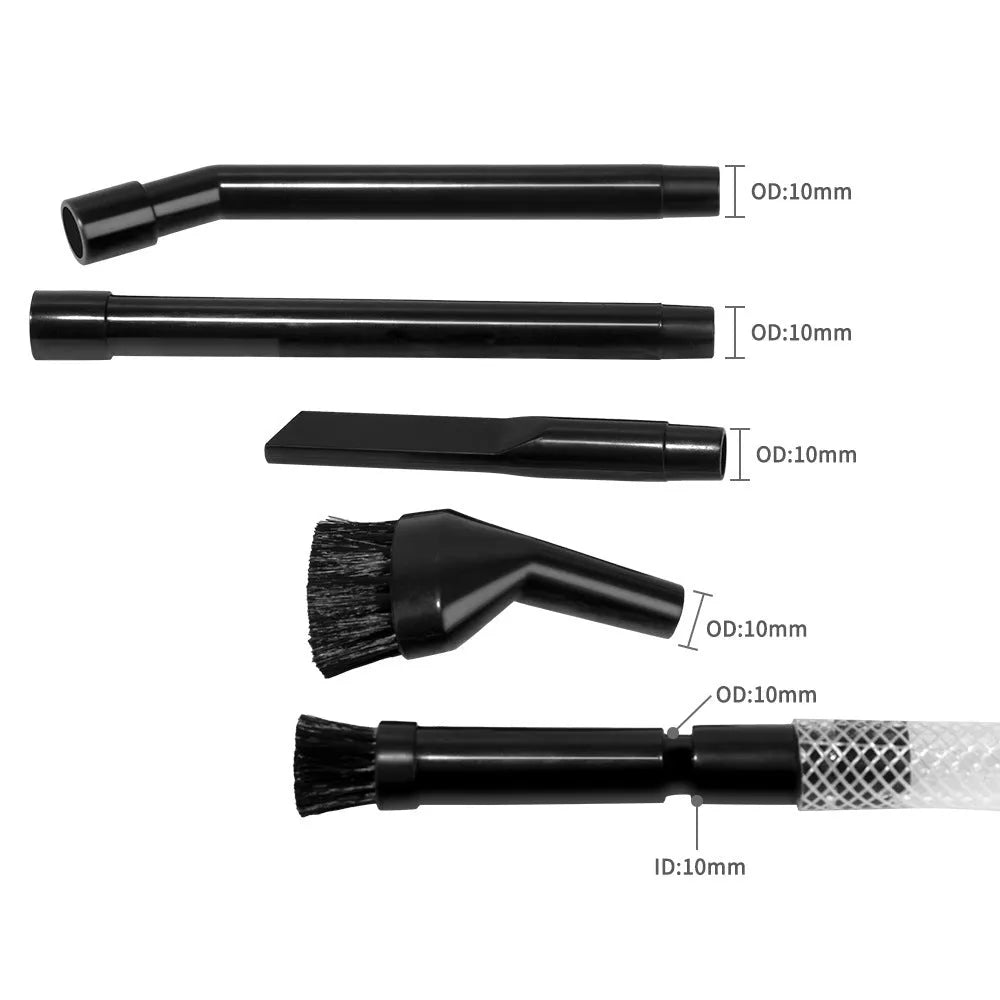 Eight different vacuum cleaner nozzle attachments laid out for a multifunctional cleaning set.