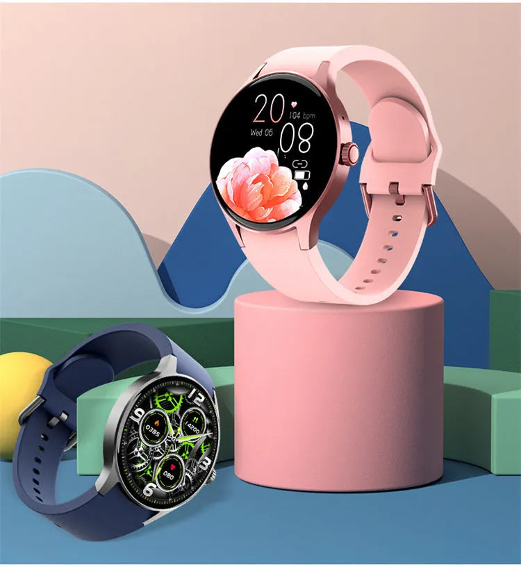 46mm diameter smart sport watch with circular touch screen in black, blue, pink, or red colours