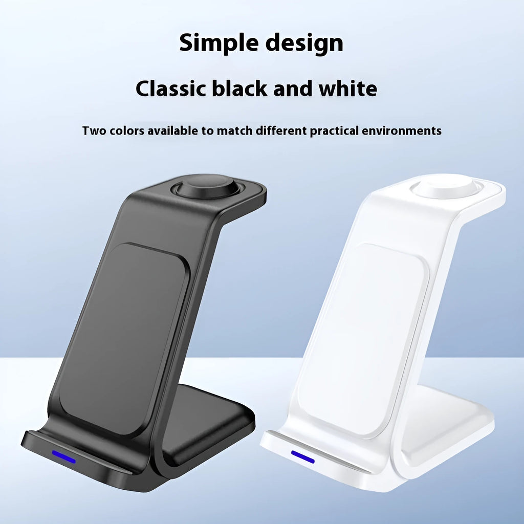 Three-in-one 15W wireless charger vertical stand in black, charging a smartphone and accessories