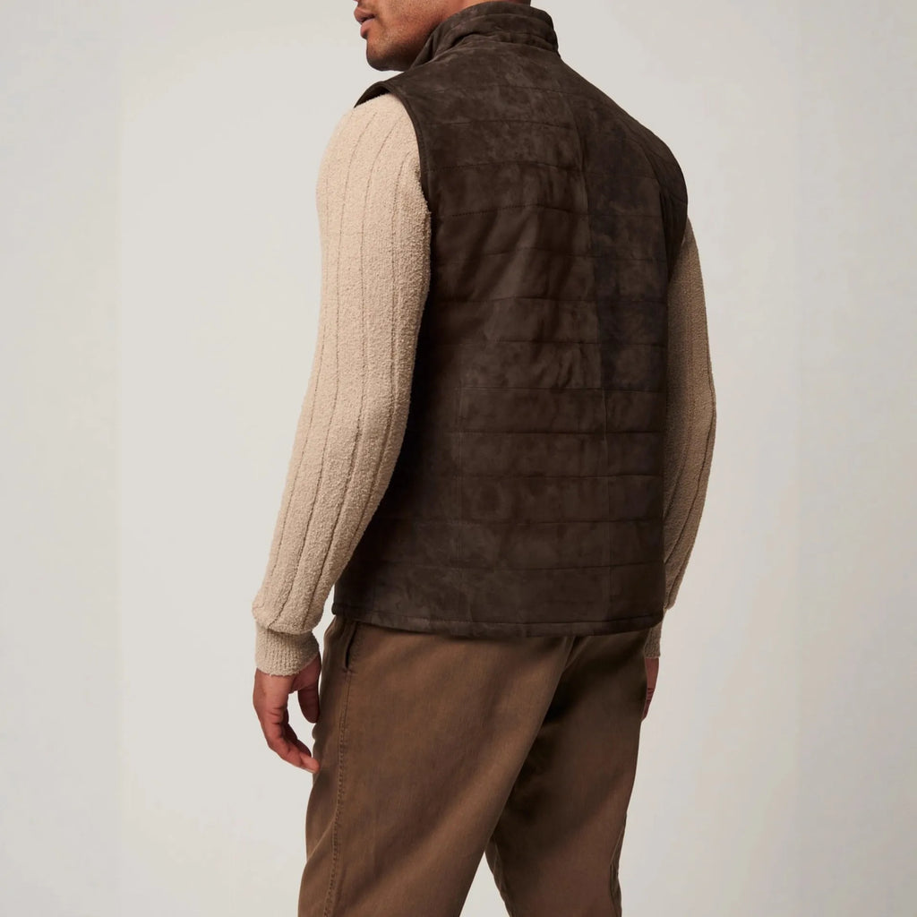 Brown men's horizontal vest jacket with sleeveless design and straight hem, shown in sizes S to XXXL