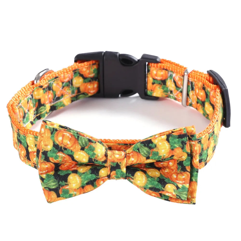 Geometric polyester cat collar in black ghost, yellow pumpkin, and black skull, sizes XS to L