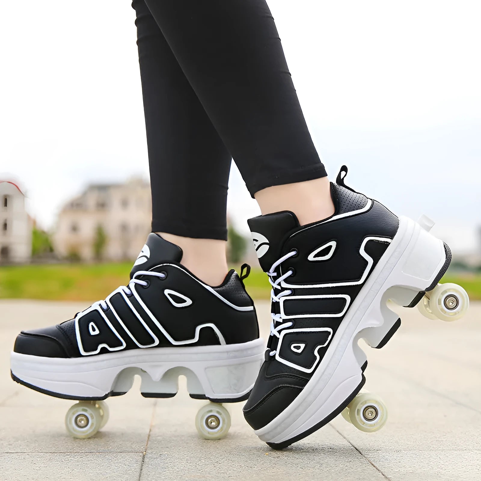 Boys and girls double wheel roller sneakers with retractable PU wheels in purple colour