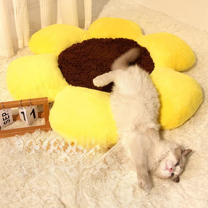 Blue round flower-shaped plush cat bed measuring 85cm across.