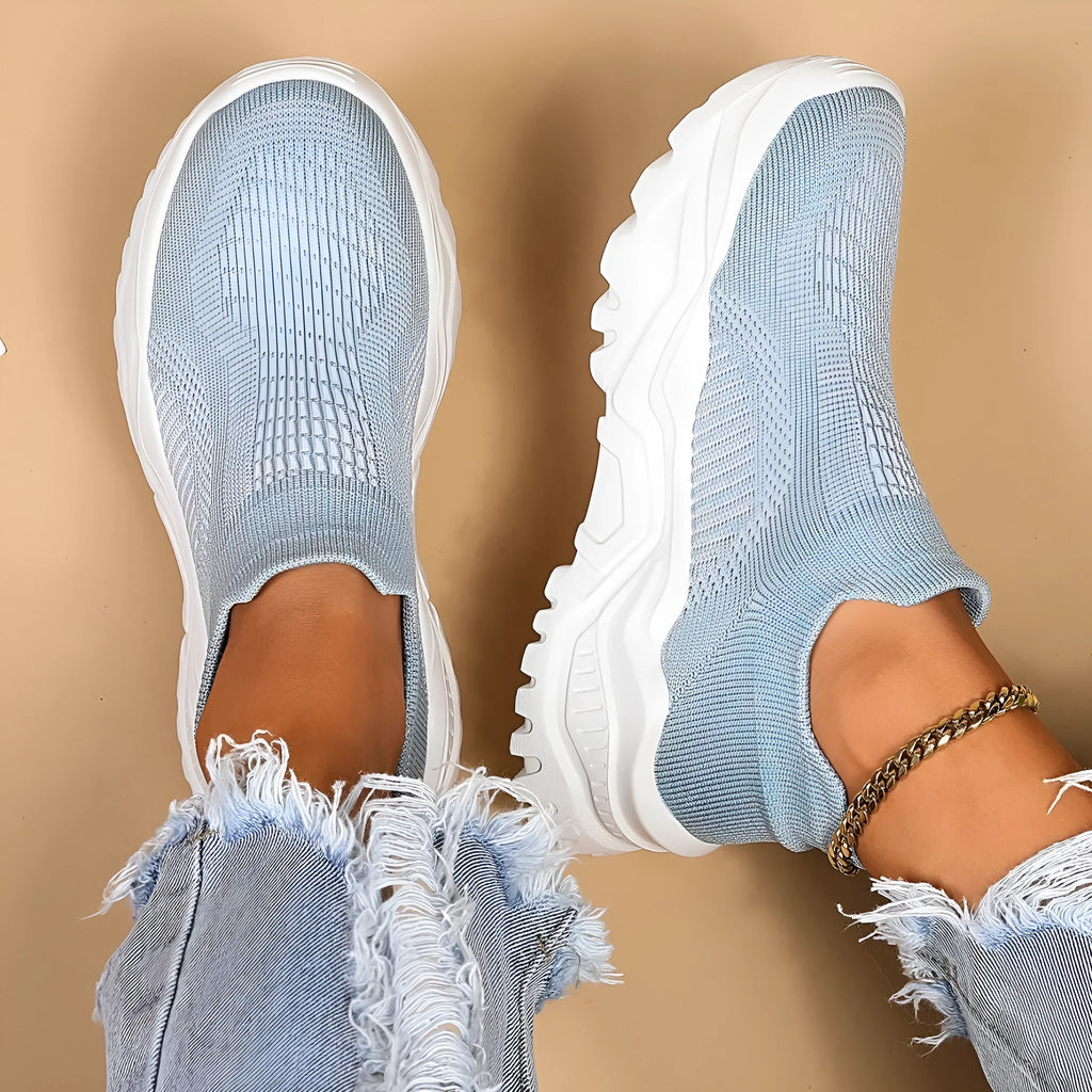 Light blue women's mesh slip-on casual sports shoes with round toe and mid heel