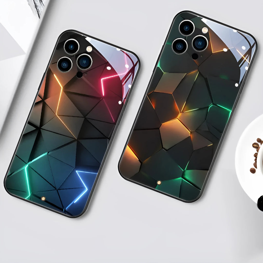 Xpress 14 tempered glass protective case for iPhone with light-up diamond design on a dark background.