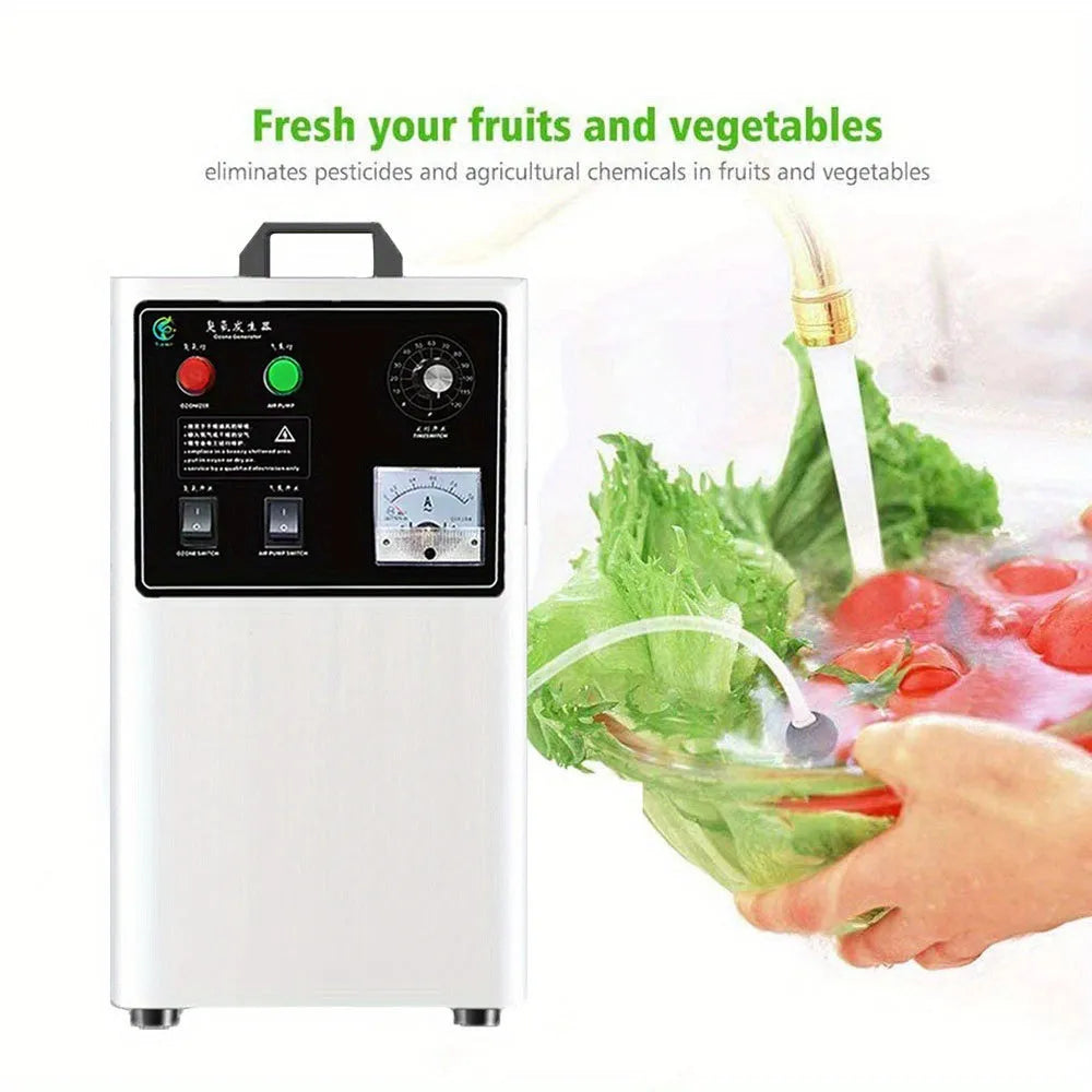 Stainless steel and white ozone generator for fruit and vegetable treatment with air-cooled system
