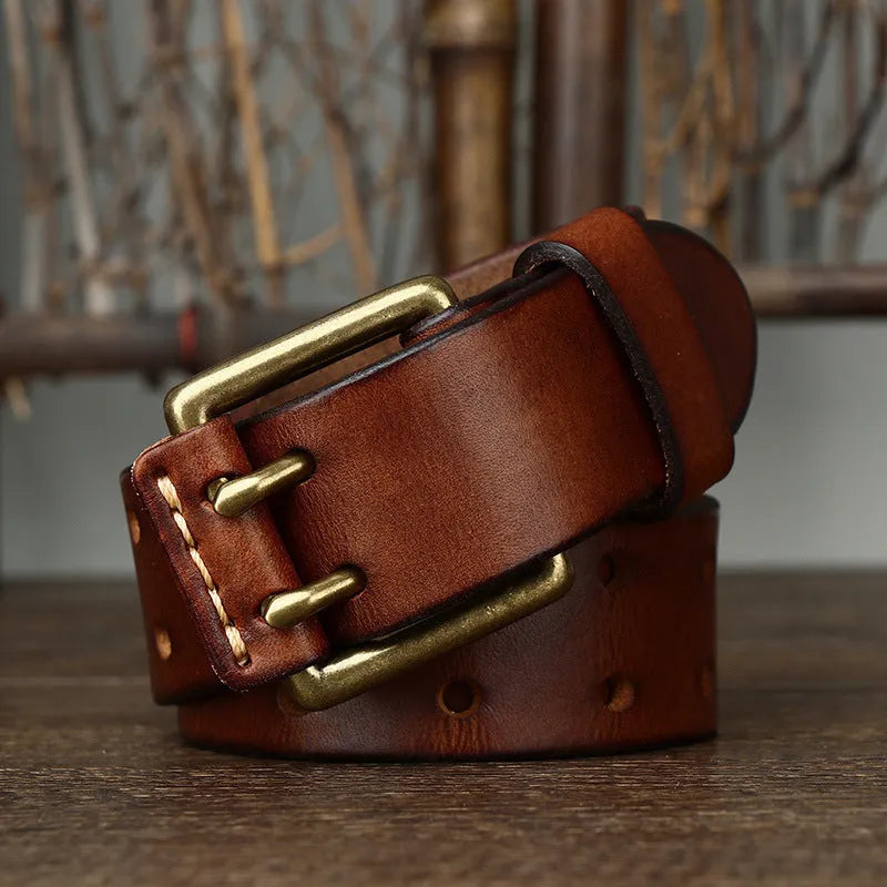 Men's first layer cowhide belt with vintage brass pin buckle, 3.8cm wide, 4mm thick, antique finish