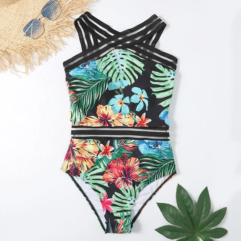 One-piece printed bikini women's swimsuit polyester waterproof black flower pattern