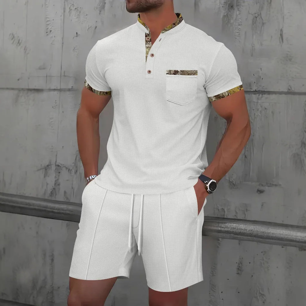 Men's waffle texture cotton blend zipper polo short sleeve suit with matching shorts in solid colour