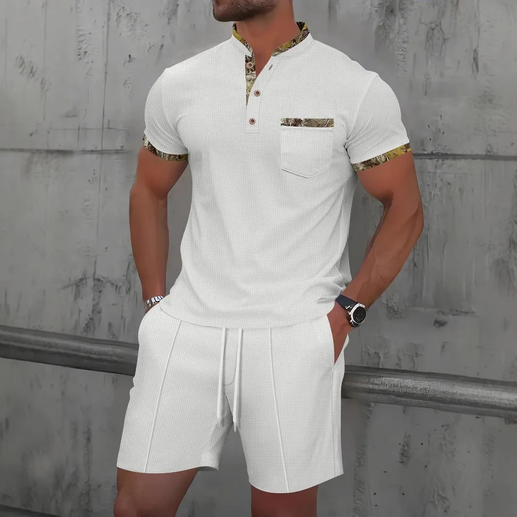 Men's waffle texture cotton blend zipper polo short sleeve suit with matching shorts in solid colour