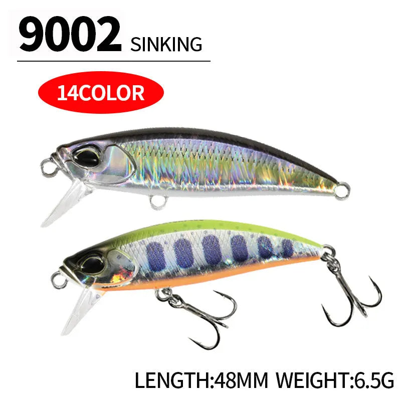 48mm hard body fishing lure for submerged mino technique, shown in multiple colours.