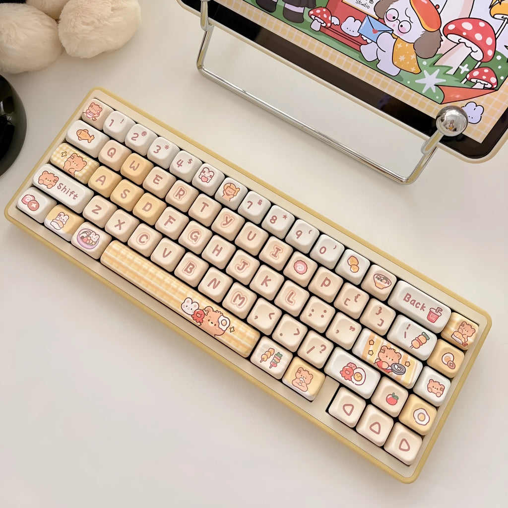 Set of 140 Rabbit Bear Restaurant themed PBT keycaps with EOA height profile laid out.