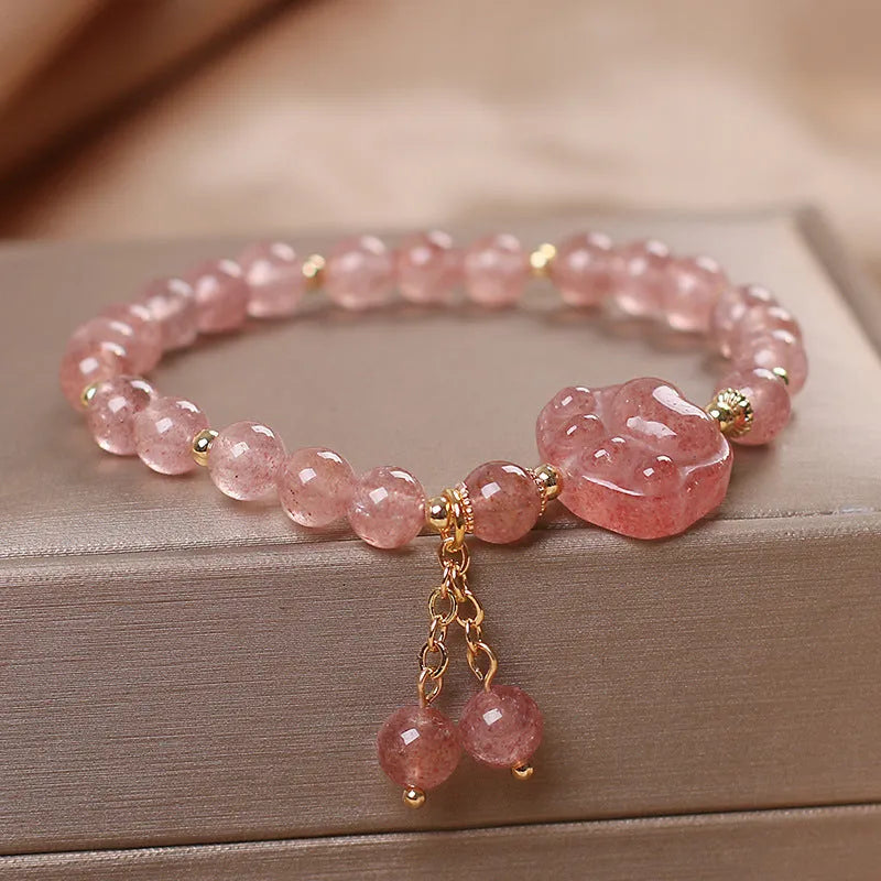 Double layer strawberry quartz bracelet with lucky cat charm in red cat's eye flowers colour
