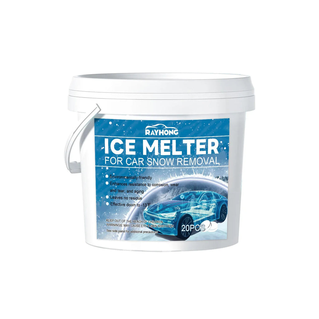 Pack of 20 car de-icing effervescent tablets for winter windscreens, each measuring 12.7 by 12cm